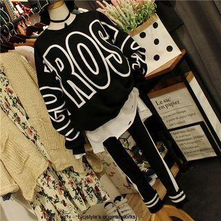Set: Lettering Pullover + Distressed Long Sleeve T-shirt + Contrast Trim Leggings