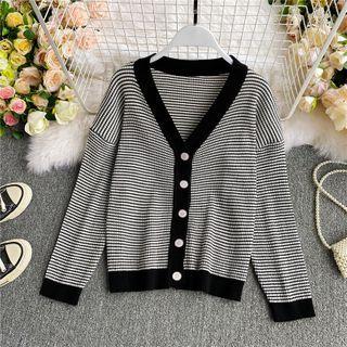 Contrast-trim Striped Long-sleeve Knit Cardigan Black - One Size