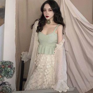 Ruffle Hem Knit Camisole Top / Layered Maxi A-line Skirt / Open-front Bell-sleeve Jacket