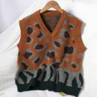 Color Block Leopard Print Sweater Vest Khaki - One Size