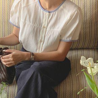 Contrast-piping Silky Blouse