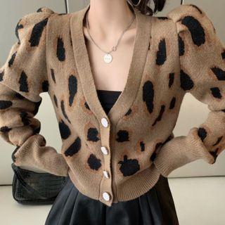 Puff-sleeve Leopard Print Cardigan Leopard Print - Brown - One Size