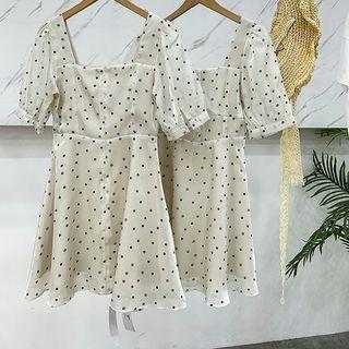Square-neck Dotted Puff-sleeve Dress