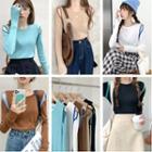 Long-sleeve Cutout Two-tone Slim-fit Knit Top