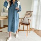 Flap-pocket Long Denim Shirtdress Blue - One Size