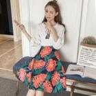 Set : Long-sleeve Chiffon Top + Floral Print Midi Skirt