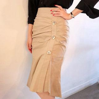 Buttoned Shirred Mermaid Skirt