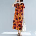 Short-sleeve Sunflower Print Midi Dress