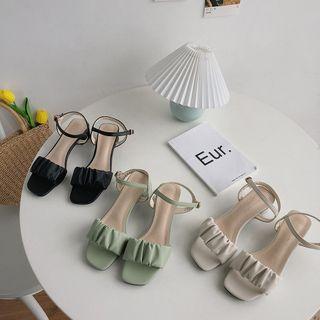 Shirred Ankle Strap Chunky Heel Sandals