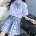 Short-sleeve Bow Tie Blouse / Plaid Pleated Mini Skirt