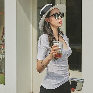 Deep V-neck Linen Blend Henley