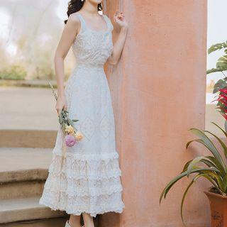 Sleeveless Eyelet Lace Midi A-line Dress