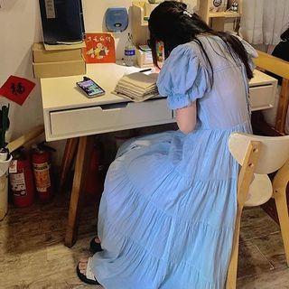 Puff-sleeve Midi Smock Dress Blue - One Size