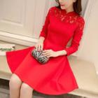 Stand-collar Lace Panel Long-sleeve Dress
