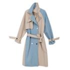 Color Block Double Breasted Trench Coat Blue & Khaki - One Size
