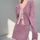 V-neck Contrast Trim Cardigan / Mini Pencil Skirt