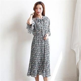 3/4-sleeve Pleated Floral Midi Dress