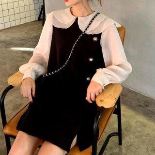 Layered Collar Long-sleeve Dress Black & Off-white - One Size