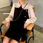 Layered Collar Long-sleeve Dress Black & Off-white - One Size