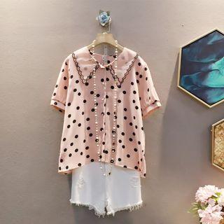 Short-sleeve Peter Pan Collar Polka Dot Chiffon Shirt