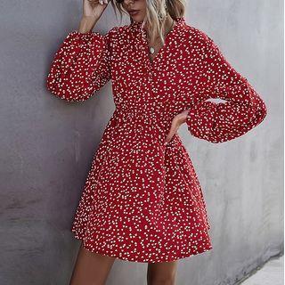Long Sleeve V-neck Dotted Dress