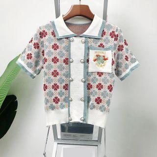 Set: Short-sleeve Patterned Blouse + Pencil Skirt Set Of 2 - Red & Blue - One Size