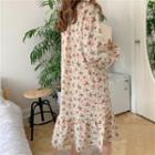 Long-sleeve Floral Print Sleep Dress Floral - Beige - One Size