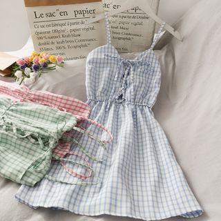 Lace Up-front Checker Sleeveless Mini Dress In 7 Colors
