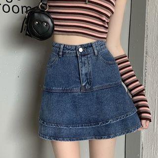 High-waist A-line Layer Denim Mini Skirt