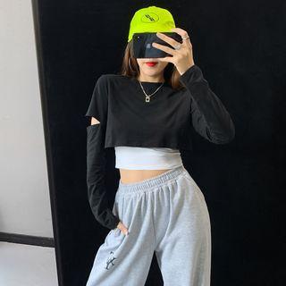 Cutout-elbow Mock Two-piece Crop T-shirt