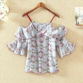 Floral Print Off Shoulder Elbow Sleeve Chiffon Top