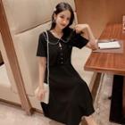 Faux Pearl Short-sleeve Midi A-line Dress