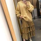 Cable-knit Sweater / Flower Print Long-sleeve Midi Layered Dress