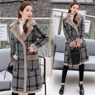 Fleece Panel Plaid Double Breasted Coat