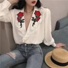 Rose Embroidered Frilled Trim Long-sleeve Blouse