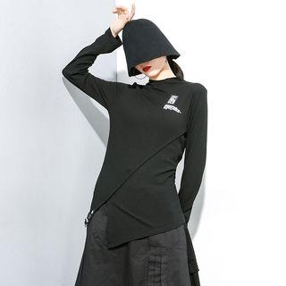Lettering Irregular Hem Long-sleeve T-shirt Black - One Size