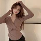 Long-sleeve V-neck Twisted Cropped T-shirt