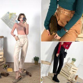 Belted Pleated Straight-cut Pants
