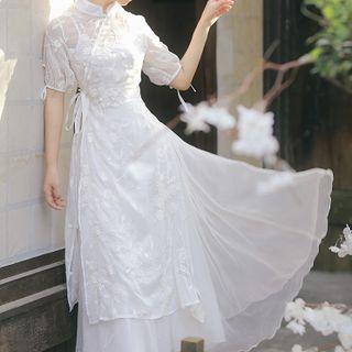 Set: Puff-sleeve Lace Sheer Qipao Top + Spaghetti Strap Midi A-line Dress