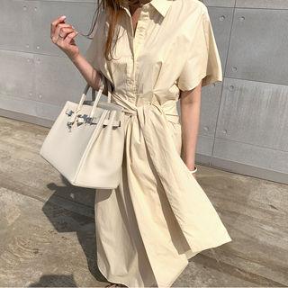 Half-placket Tie-waist Maxi Shirtdress