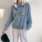 Hooded Letter-embroidered Denim Jacket Light Blue - One Size