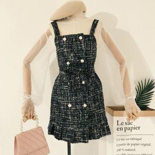 Set: Mesh Long-sleeve Top + Tweed Pinafore Dress