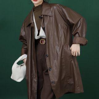 Faux Leather Long Button Jacket