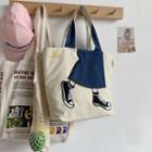 Printed Denim Panel Canvas Tote Bag Off-white - One Size
