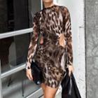 Long-sleeve Leopard Print Cutout Mini Bodycon Dress