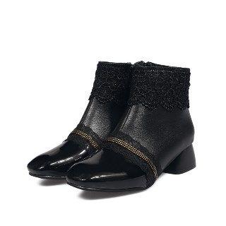 Chunky Heel Lace Trim Short Boots