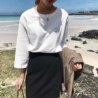Elbow-sleeve Round-neck Top Grayish Green - One Size