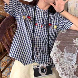 Embroidered Check Pattern Short-sleeve Shirt As Shown In Figure - One Size
