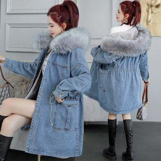 Fluffy Trim Hooded Denim Coat