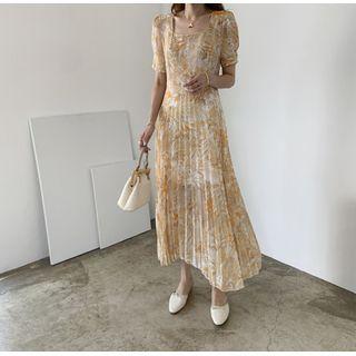 Square Collar Floral Chiffon Maxi Dress